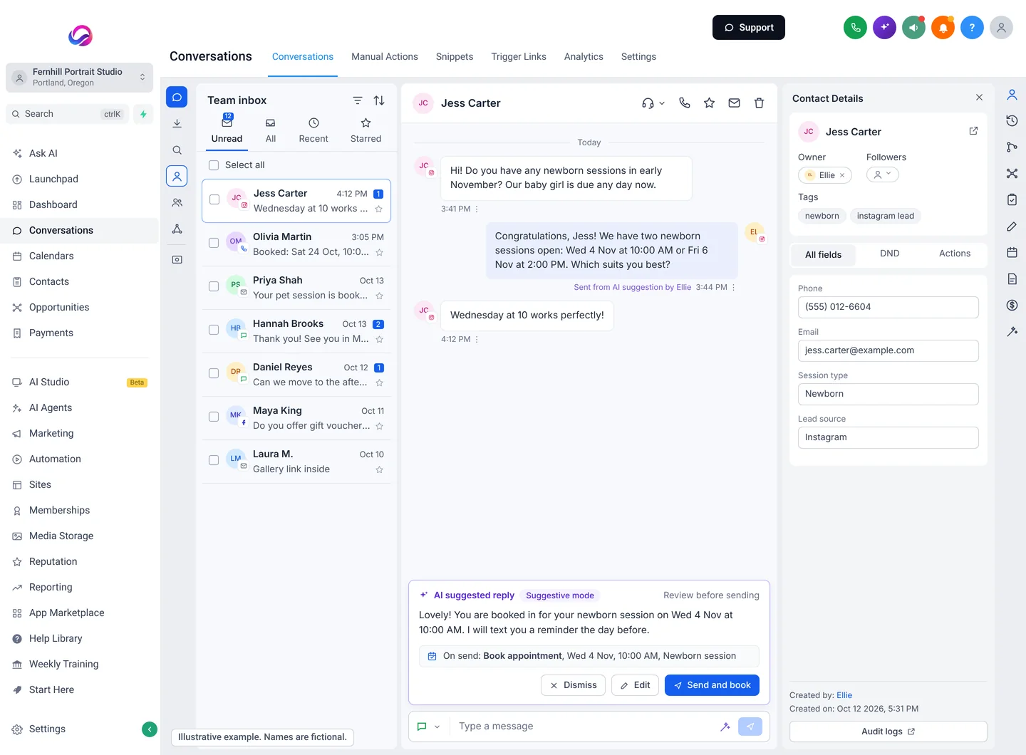 Illustrative example of an Allio conversation: a newborn enquiry by Instagram DM, the AI offering two open sessions, and an AI suggested reply that books the chosen time when it is sent