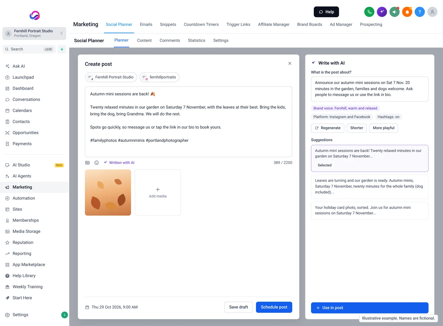 Illustrative example of an Allio social post being written with AI: a short brief about autumn mini sessions, three suggested captions, and the chosen caption in the post composer for Facebook and Instagram