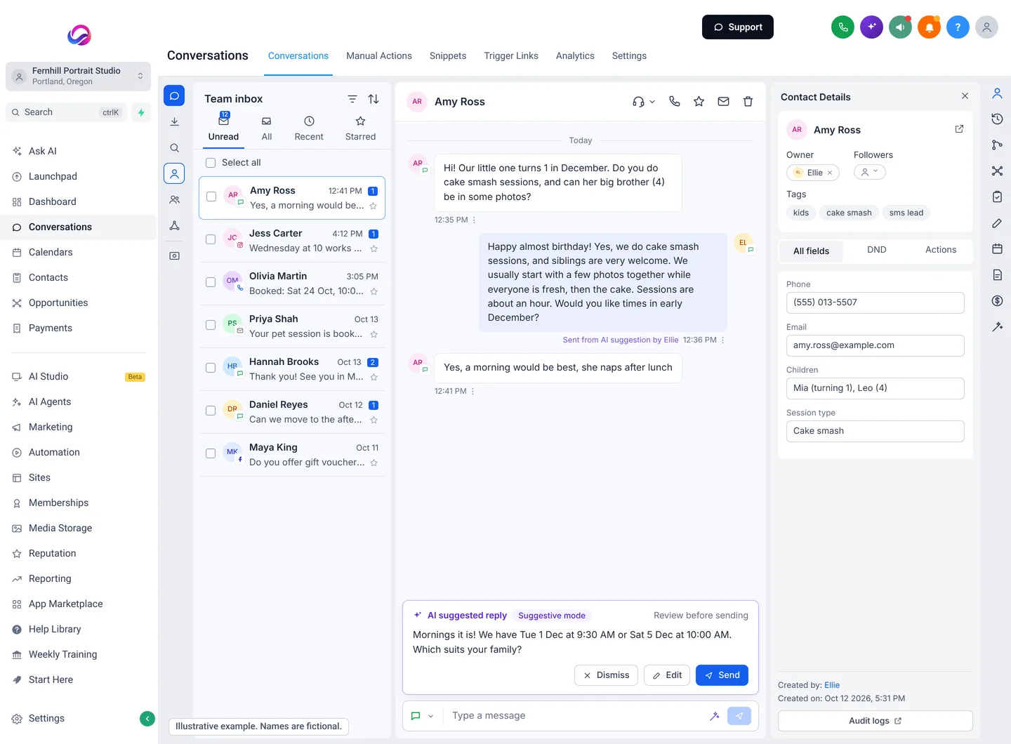 Illustrative example of an Allio conversation: a parent asks by text about a first birthday cake smash session with a sibling, the AI explains how it runs, and an AI suggested reply offers two morning times around nap time