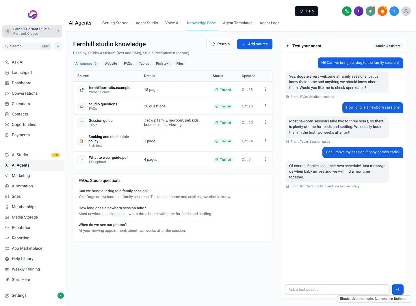 Illustrative example of an Allio knowledge base: a website crawl, FAQs, a session guide table, a policy page and a PDF, with a test chat answering client questions and showing which source each answer came from