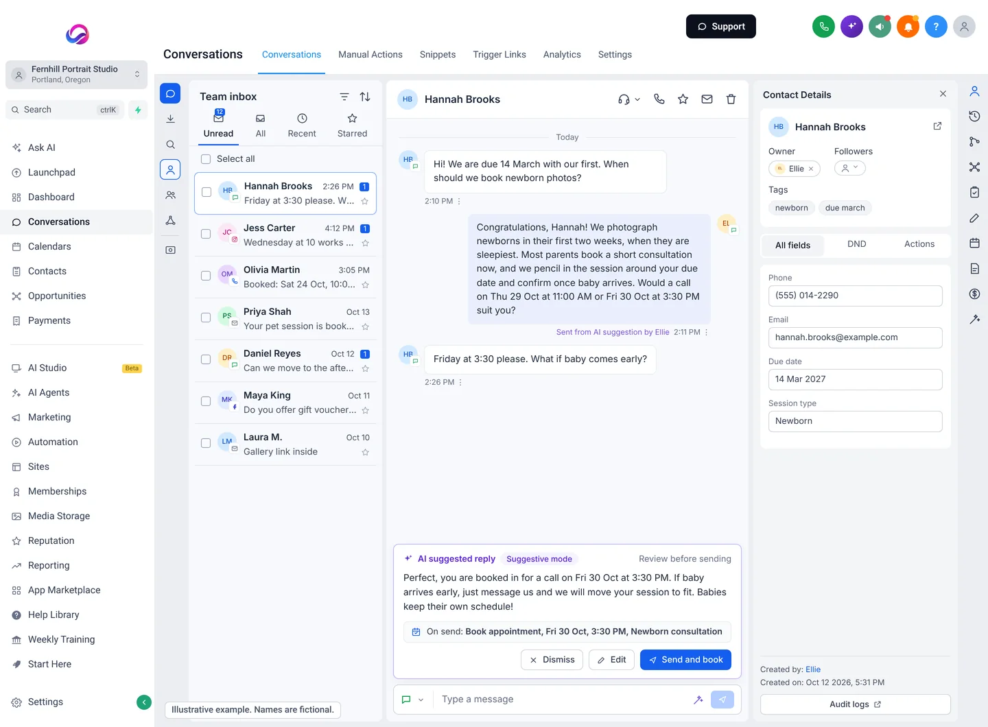 Illustrative example of an Allio conversation: an expecting parent asks when to book newborn photos, the AI explains the newborn window and offers two consultation times, and an AI suggested reply books the time she chose