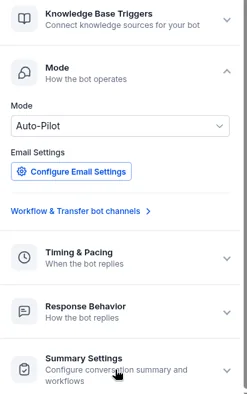 Allio AI agent mode settings with Auto-Pilot selected, plus timing and pacing, response behaviour and summary settings
