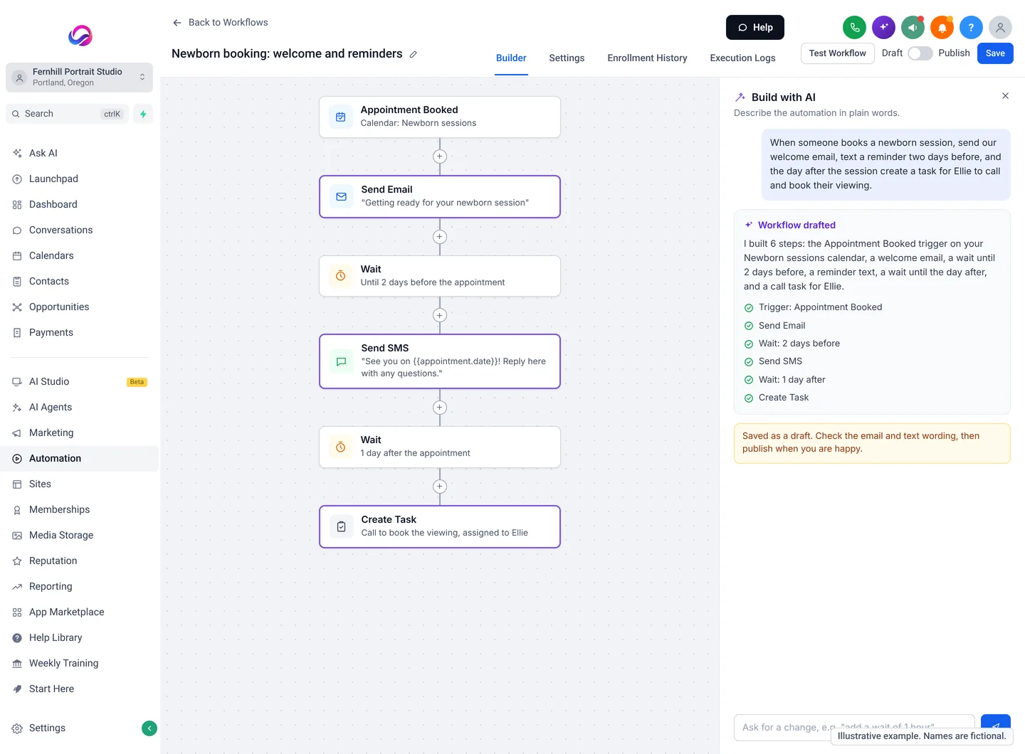 Illustrative example of the Allio workflow builder: a plain words request on the right, and the workflow the AI laid out on the canvas, from an appointment booked trigger through a welcome email, reminder text and a call task