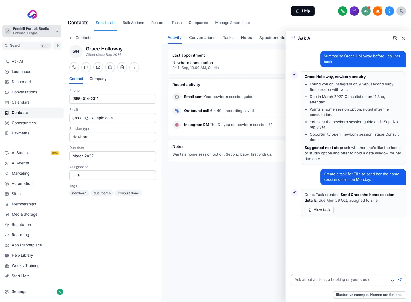 Illustrative example of Ask AI in Allio: on a newborn client's record, the assistant summarises how she found the studio, her due date, her consultation and what was sent, suggests the next step, then creates a task for a team member