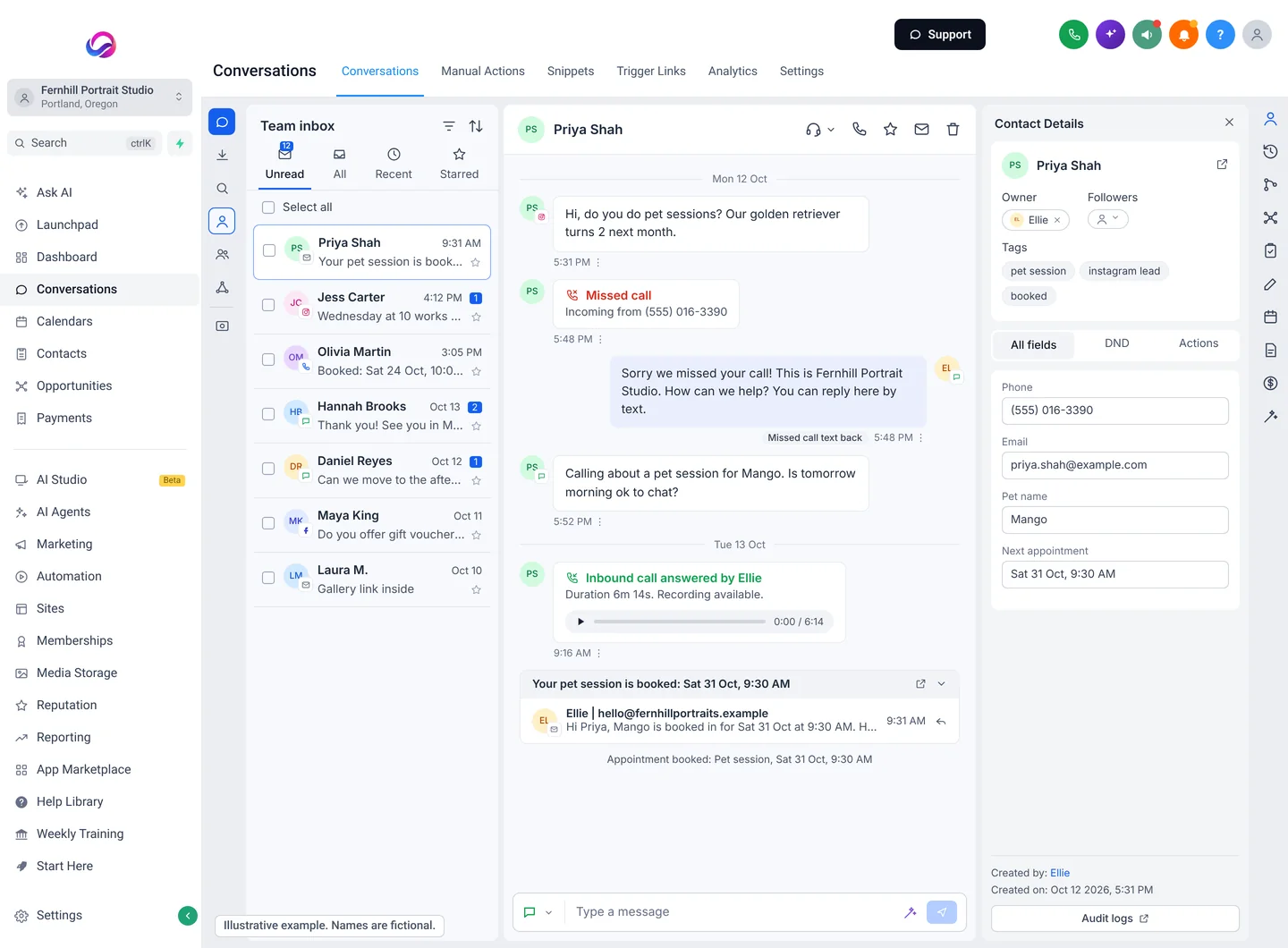 Illustrative Allio conversation for a fictional pet session client: an Instagram message, a text reply, a missed call with an automatic text back, a recorded inbound call and a booking email in one thread