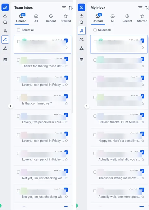 Allio's team inbox and personal inbox side by side, with Unread, All, Recent and Starred tabs, client names and messages blurred