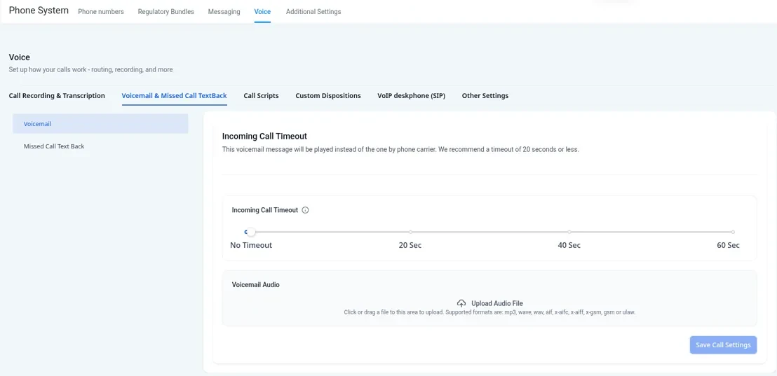 Allio voice settings with tabs for call recording and transcription, voicemail and missed call text back, and the incoming call timeout slider