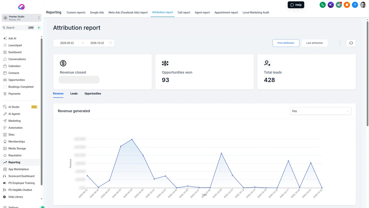 Real Allio account: an attribution report showing where one month's leads came from, with a daily revenue chart and revenue figures hidden