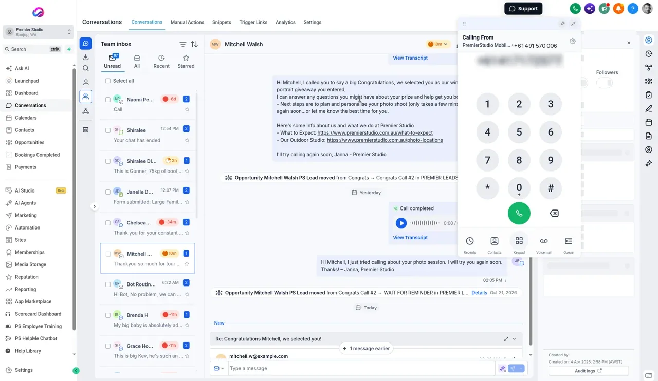 Real Allio Conversations view with the dialer open over a client's thread, a number typed in and ready to call from the studio's business line, with the team inbox on the left
