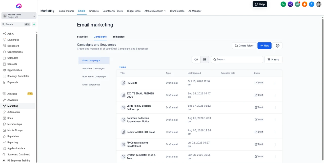 Real Allio account: the email marketing campaigns list, with drafts for a large family session follow up, a collection appointment notice and a ready to collect email