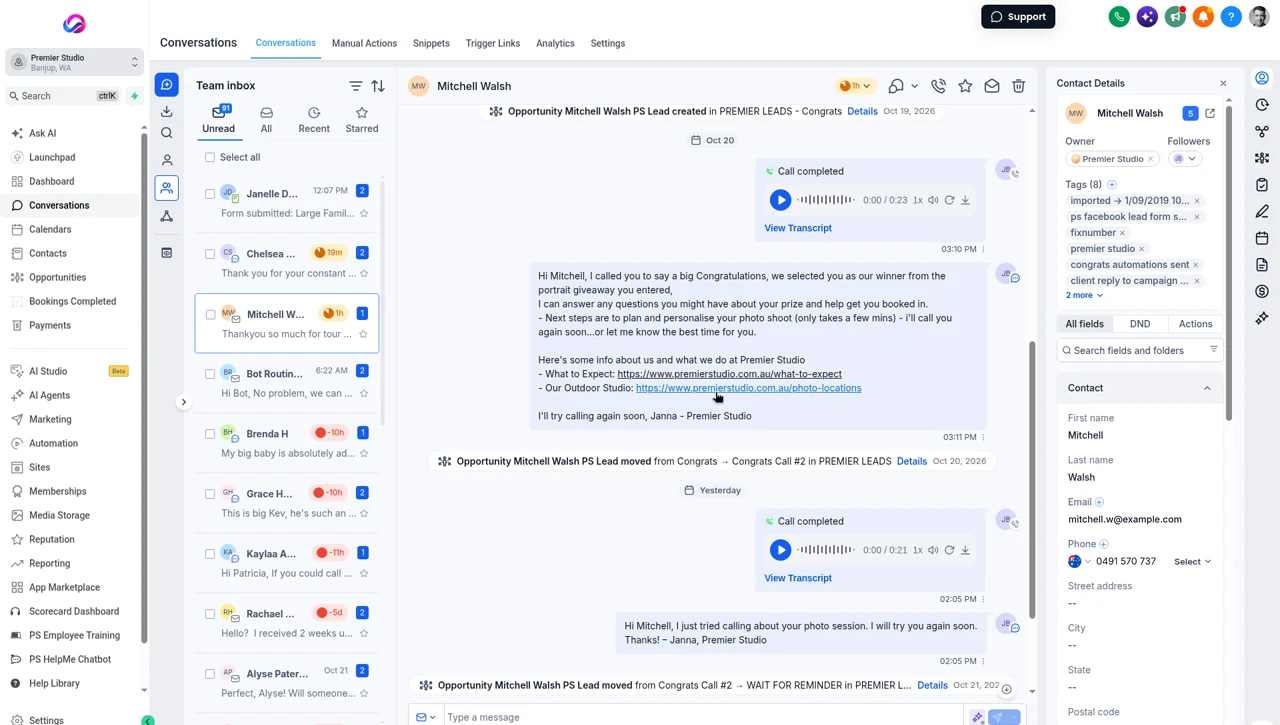 Real Allio conversation view for one client: the team inbox on the left, the client's thread with two call recordings, messages and pipeline updates in the middle, and their contact details on the right