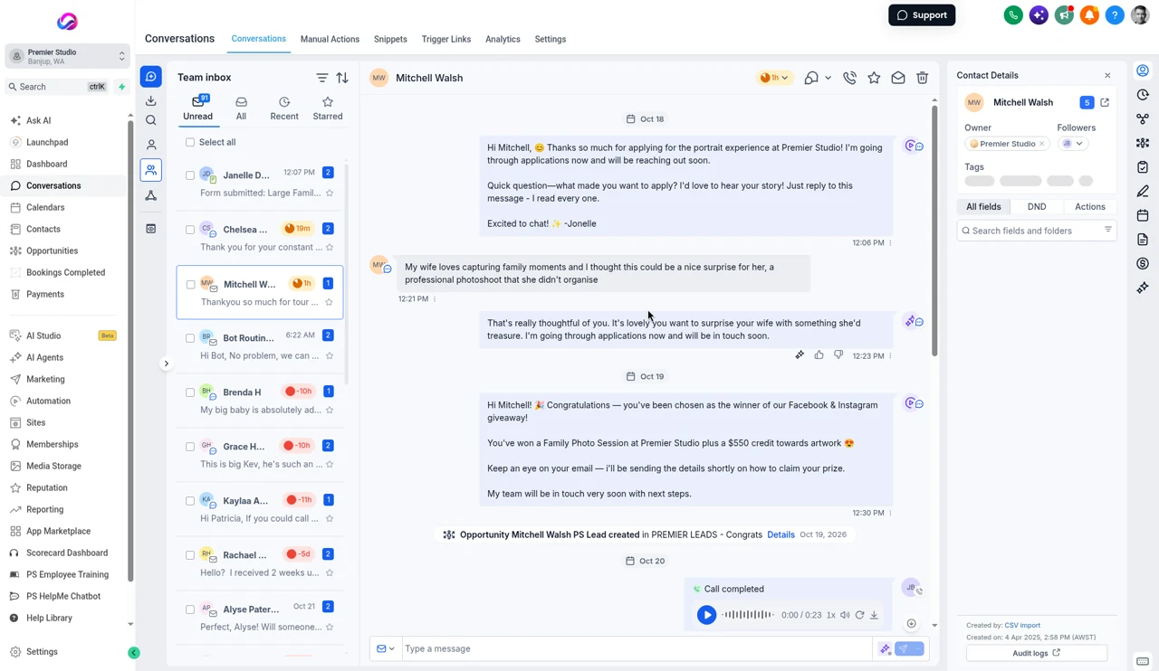 Real Allio inbox: one client's thread with replies about a Facebook and Instagram giveaway, an AI drafted message, an opportunity created in the pipeline and a recorded call