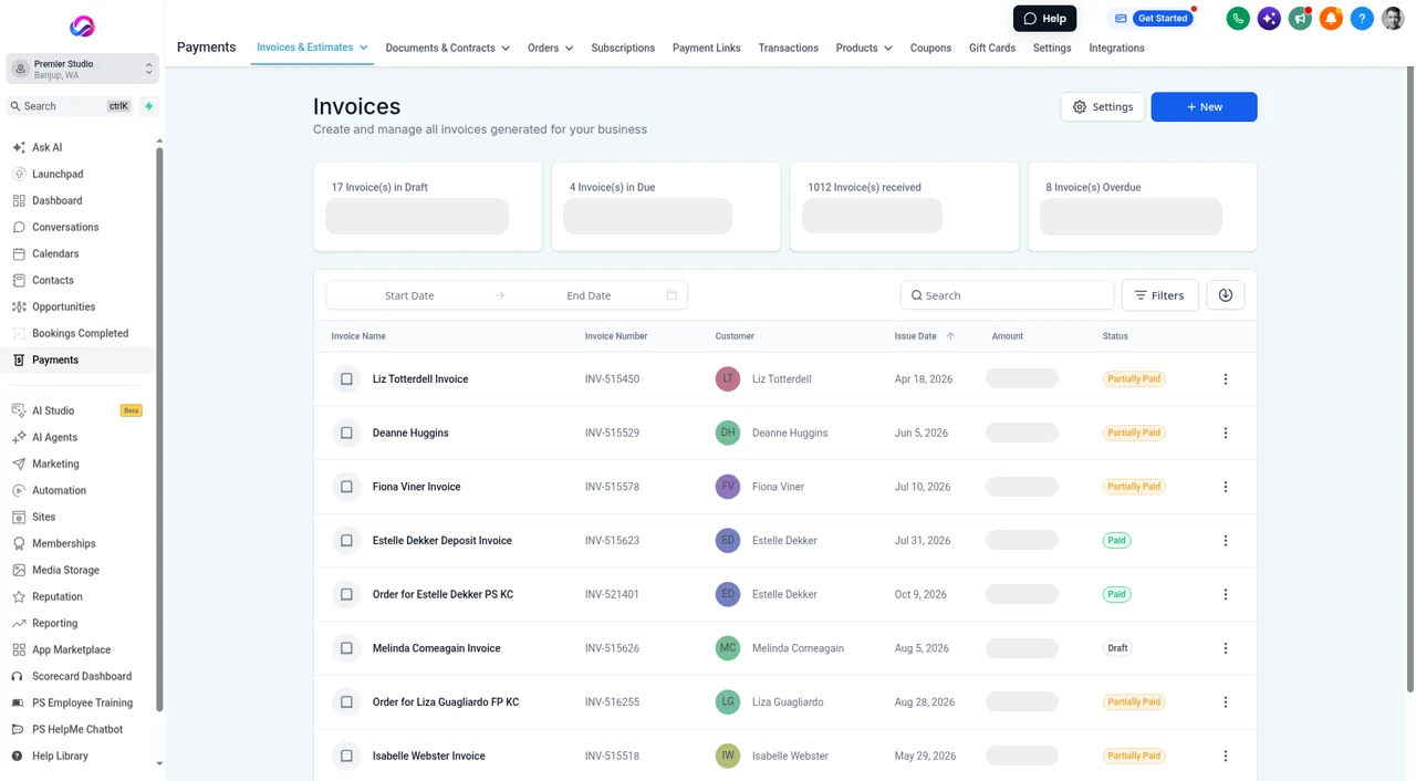 Real Allio account: the invoices list with client names, invoice numbers, issue dates and paid, partly paid and draft status, with totals and amounts hidden