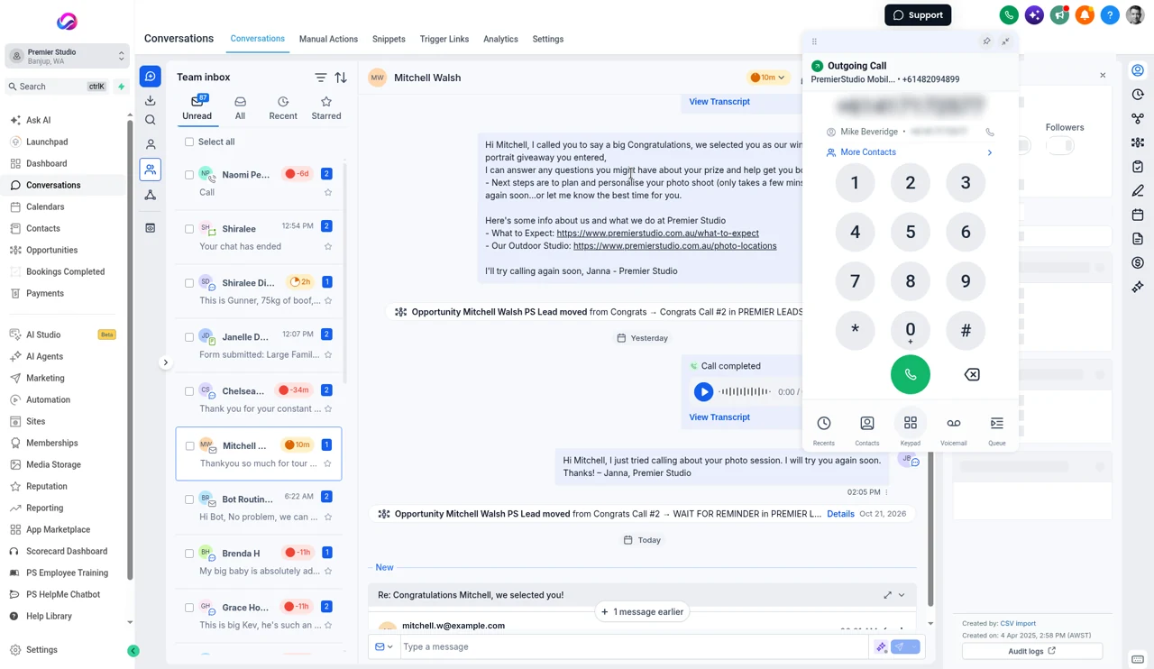 Real Allio Conversations view with an outgoing call placed from the dialer on the studio's business line, over a client's thread