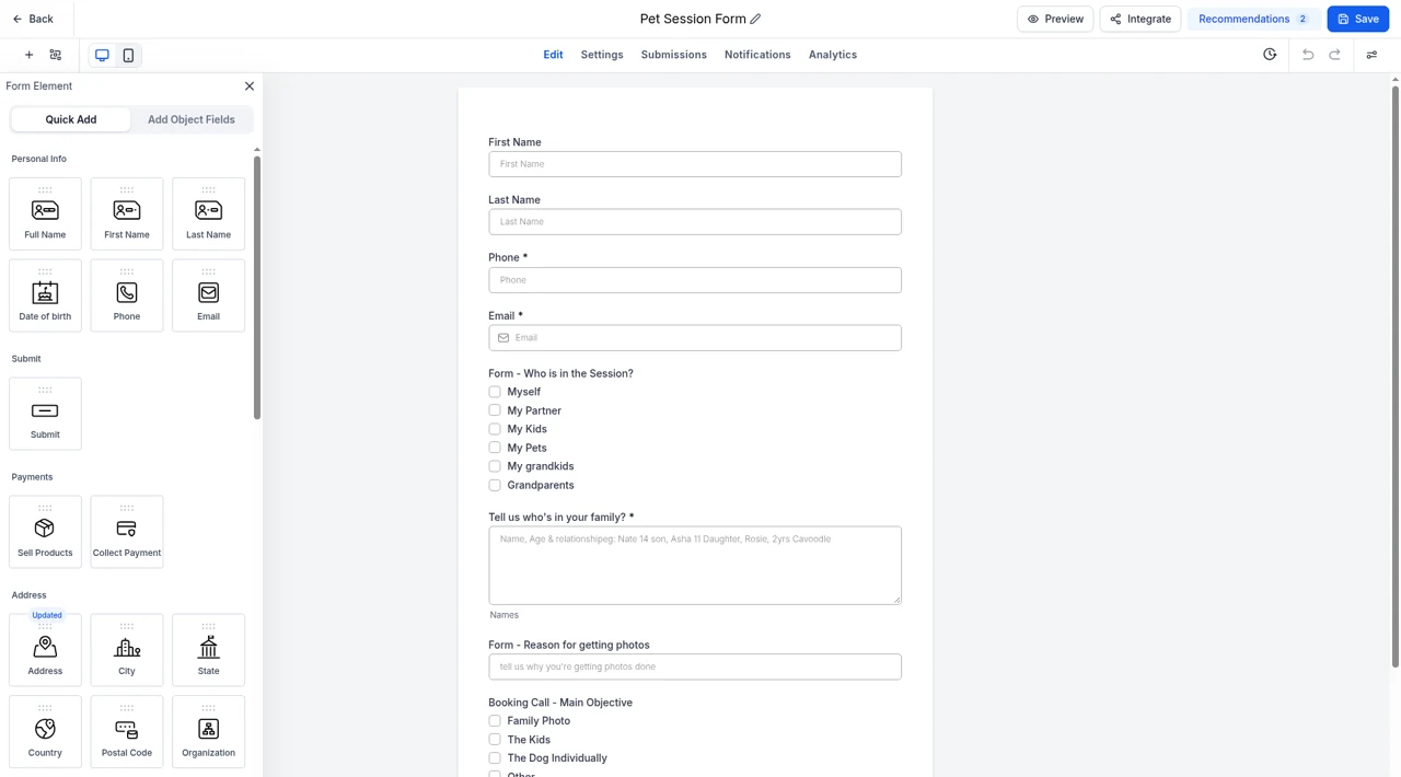 Real Allio account: the studio's pet session enquiry form in the form builder, asking who is in the session, the family members and pets, and the reason for the photos
