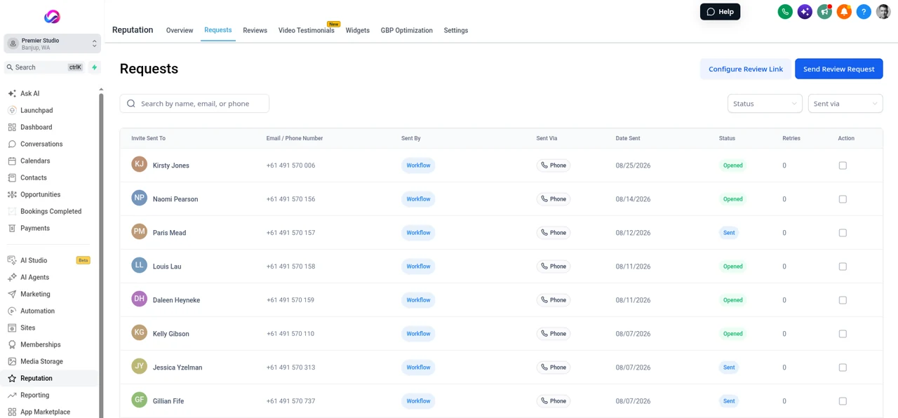 Real Allio account: review requests sent by text through a workflow after each session, with the date sent and opened or sent status for each client