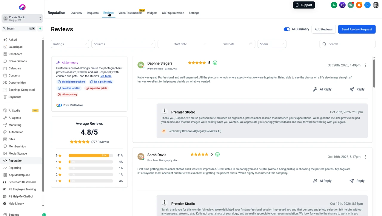 Real Allio reviews screen: five star Google reviews, replies marked Replied By Reviews AI, an AI summary of what clients praise, and an average of 4.8 out of 5 from 777 reviews