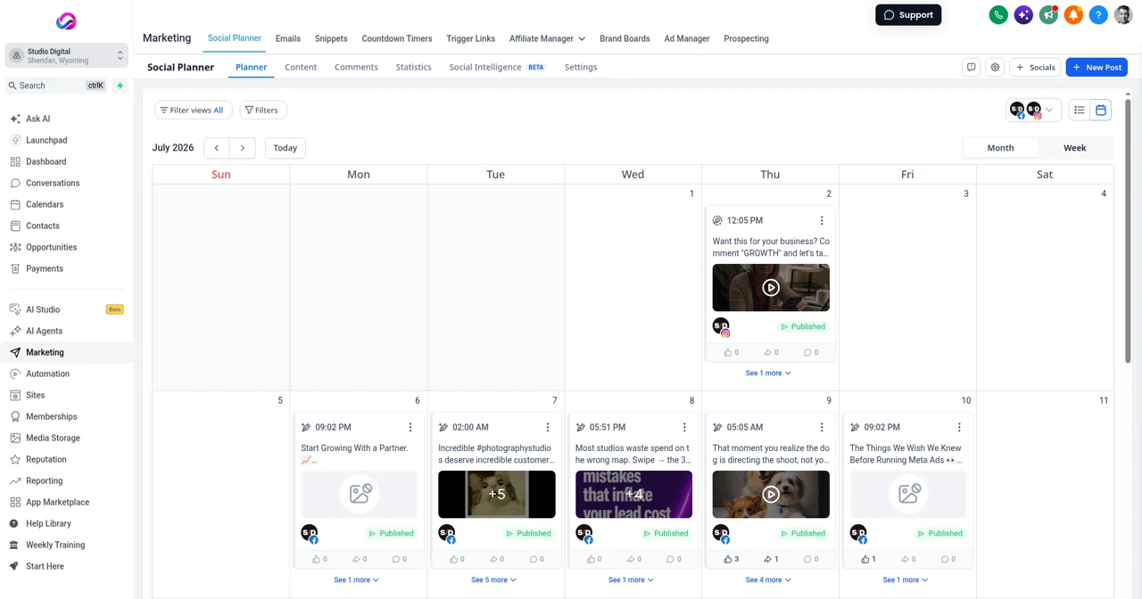 Real Allio account: the Social Planner month view for July 2026, with published posts shown as cards with their image, time, status and likes