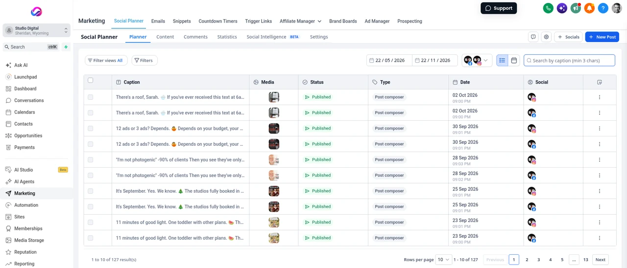 Real Allio account: the Social Planner list view with 127 posts, each with its caption, image, published status, date and Facebook or Instagram account