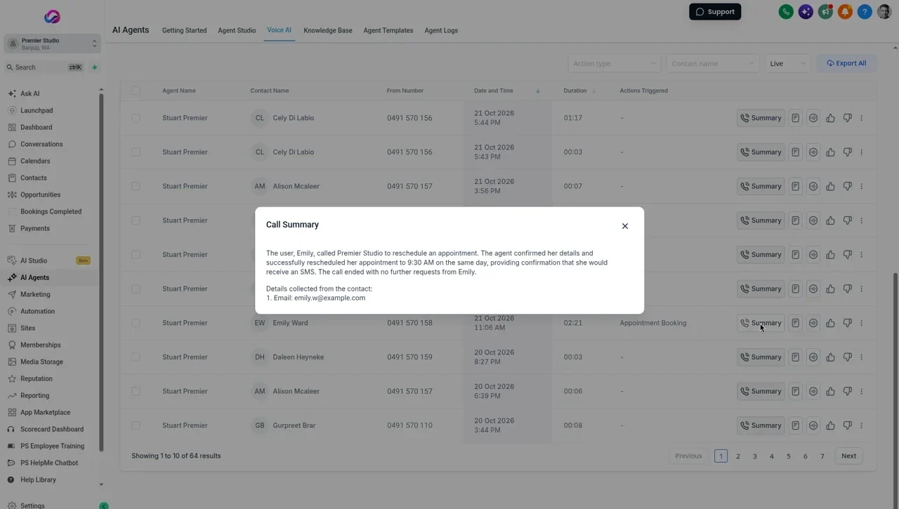 Real Allio call log: the AI receptionist's calls listed with caller, number, duration and actions, and the call summary open for a call where the caller rescheduled an appointment and was told an SMS confirmation would follow
