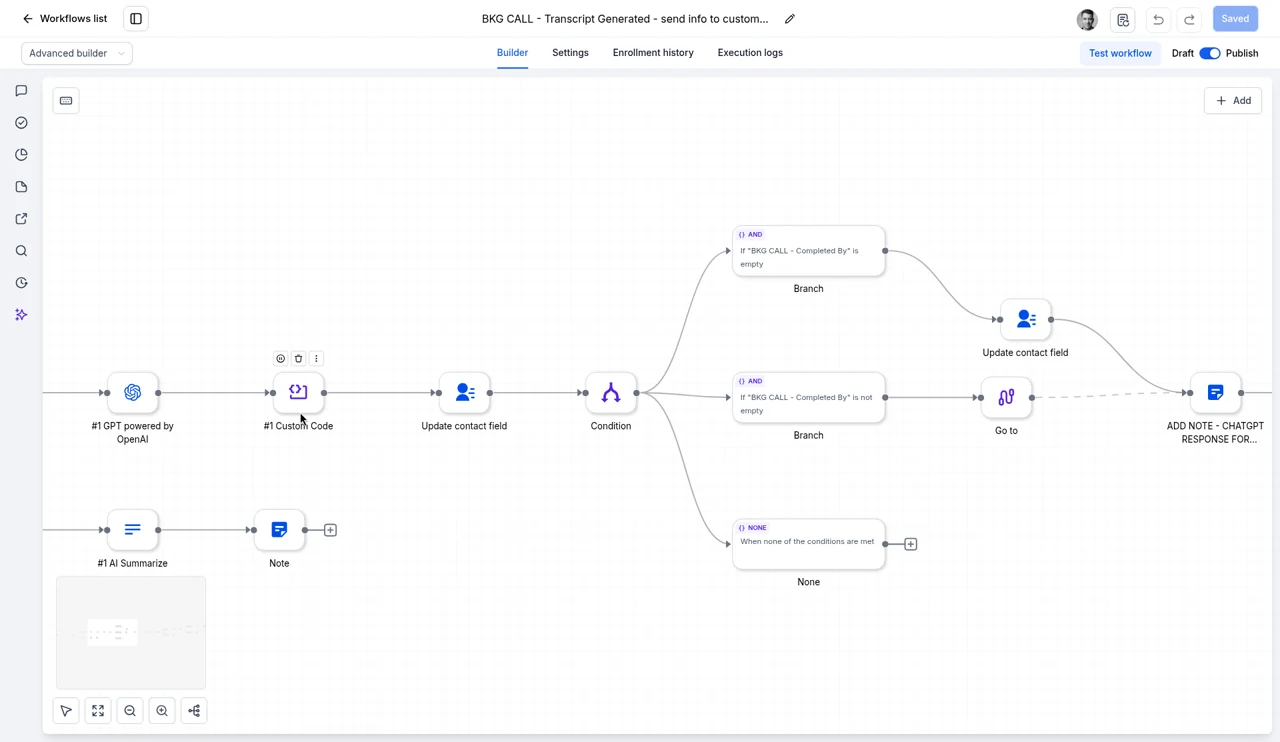 Real Allio workflow builder: after a call transcript is generated, AI steps that summarise the transcript, custom code, updating a contact field, a condition with branches and a note