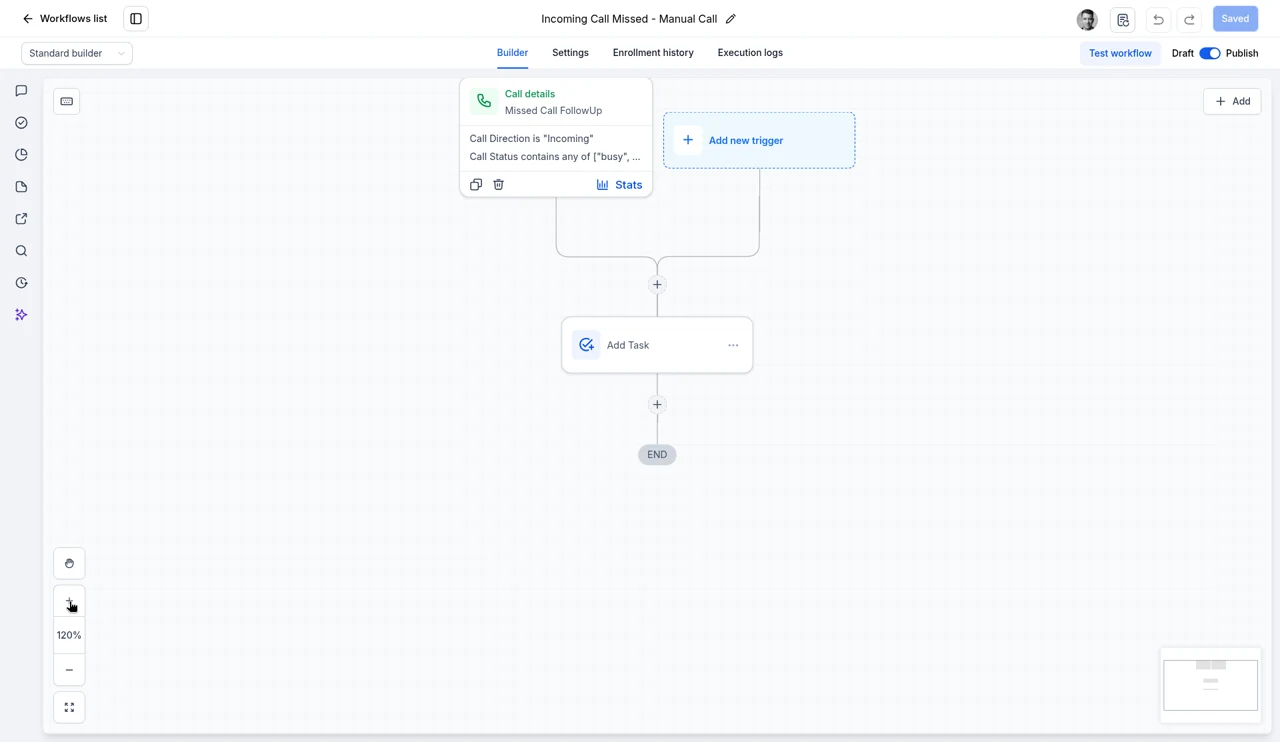 Real Allio workflow: a Call details trigger for incoming calls that were missed or busy, followed by an Add Task step