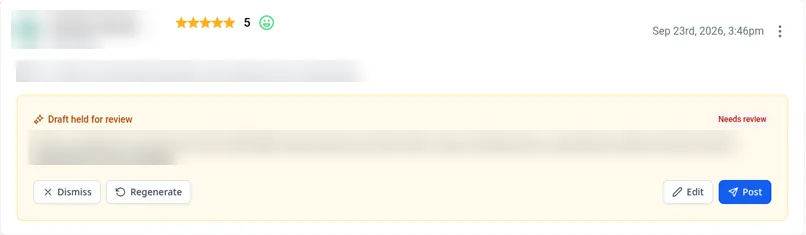 Real Allio account: an AI drafted reply to a five star review held for approval, with Edit, Post, Regenerate and Dismiss buttons, reviewer details blurred