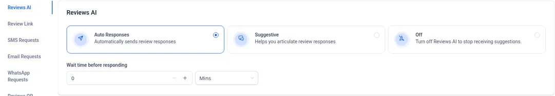 Allio Reviews AI settings with Auto Responses, Suggestive and Off modes and a wait time before responding