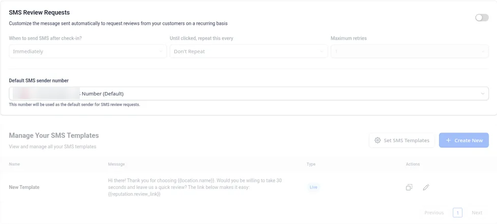 Allio SMS review request settings with timing, repeat and retry options and an editable message template, sender number blurred