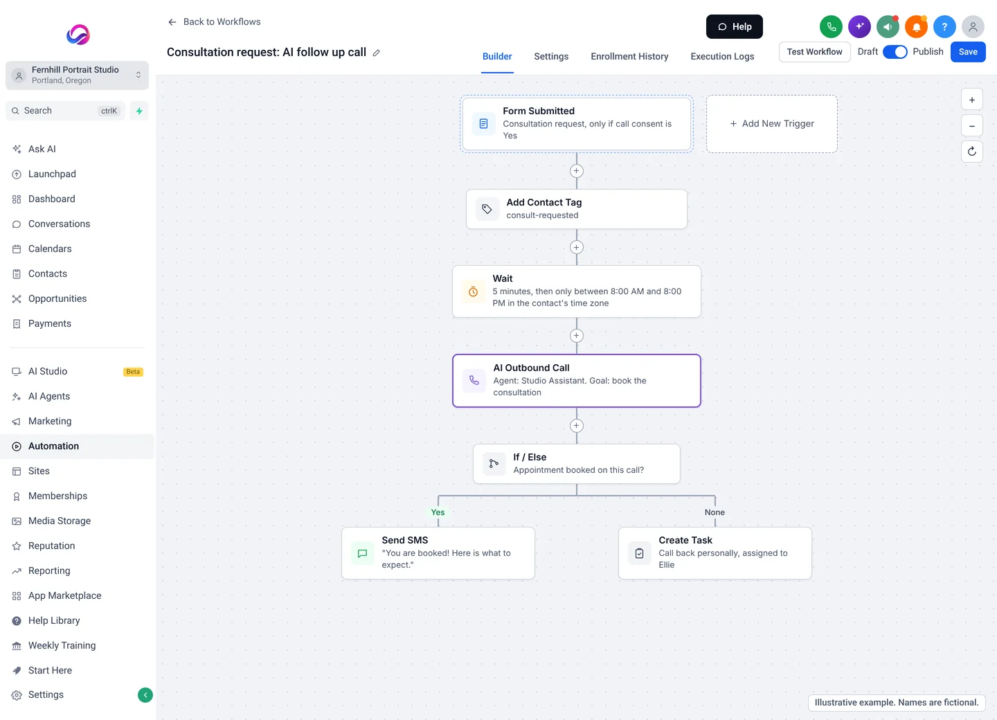 Illustrative example of an Allio workflow: a consultation form trigger that only runs when call consent is Yes, a tag, a wait limited to 8am to 8pm in the contact's time zone, an AI outbound call step, then a text if a booking was made or a call back task if not